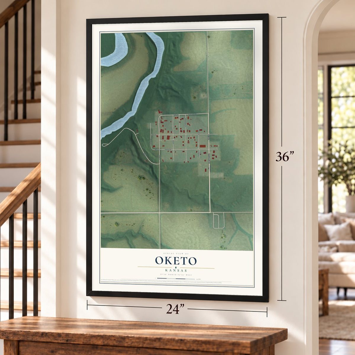 Oketo, Kansas map, 24 x 36 inch print in a black frame by a staircase