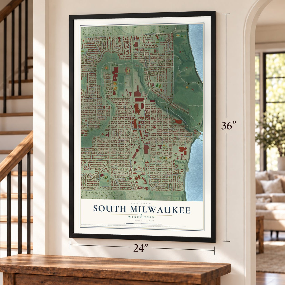 South Milwaukee, Wisconsin map, 24 x 36 inch print in a black frame by a staircase