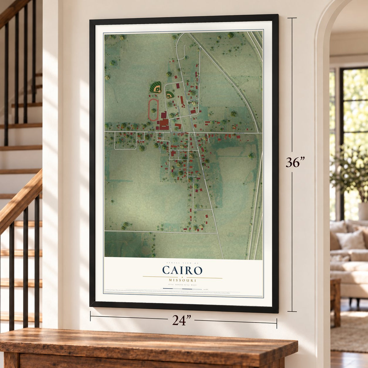 Cairo, Missouri map, 24 x 36 inch print in a black frame by a staircase