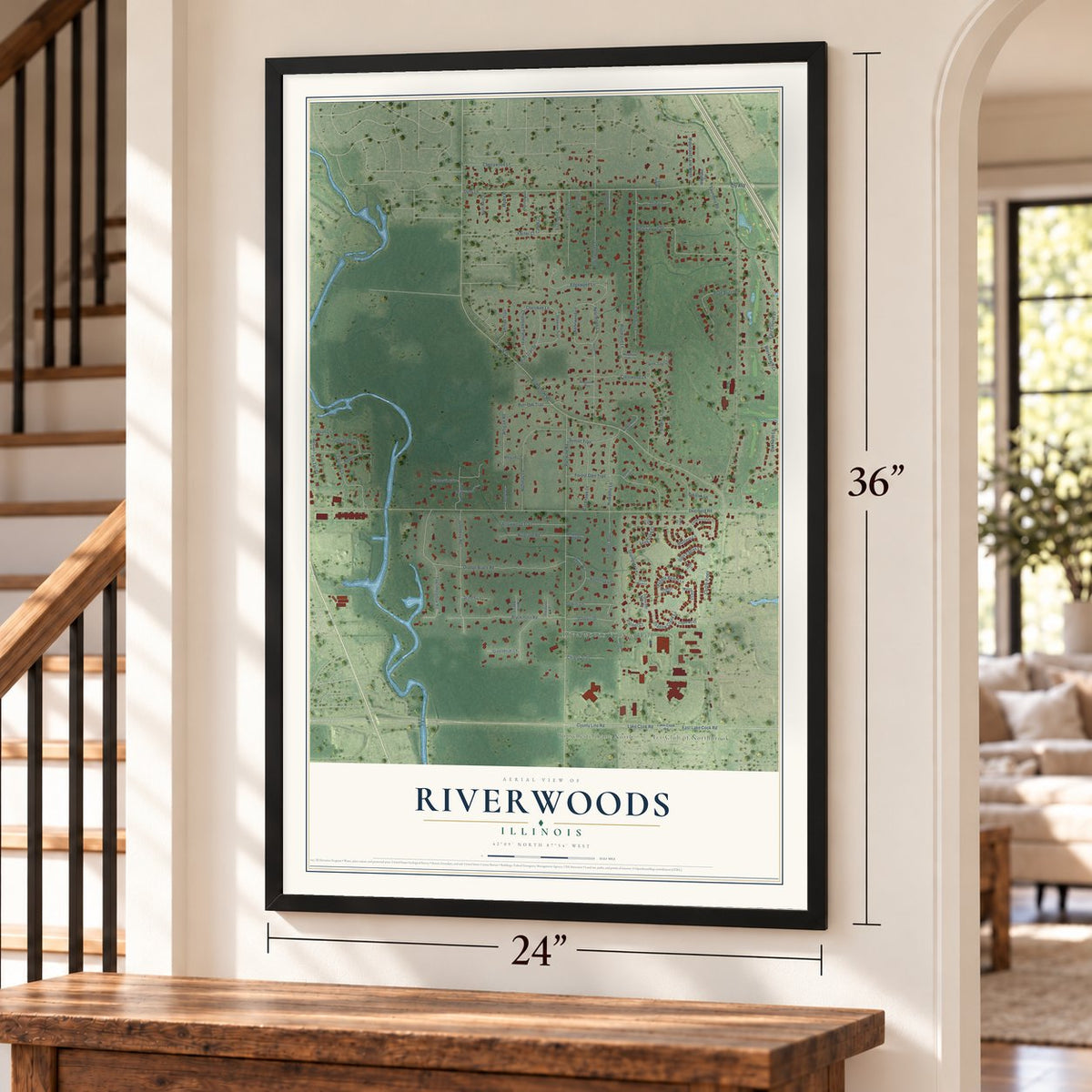 Riverwoods, Illinois map, 24 x 36 inch print in a black frame by a staircase