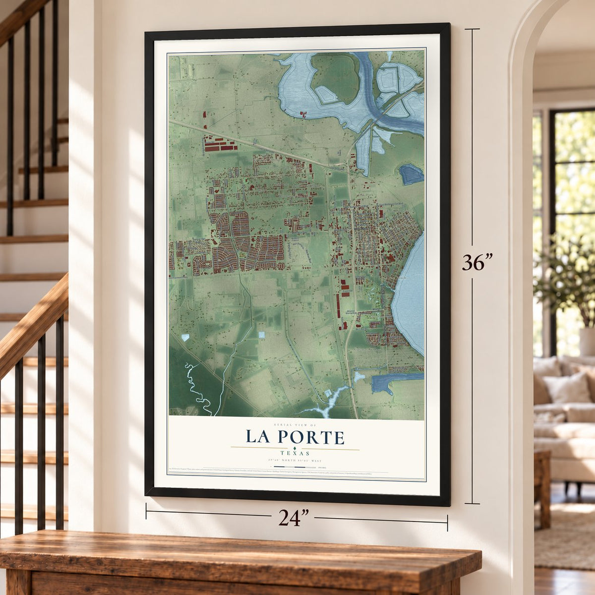 La Porte, Texas map, 24 x 36 inch print in a black frame by a staircase
