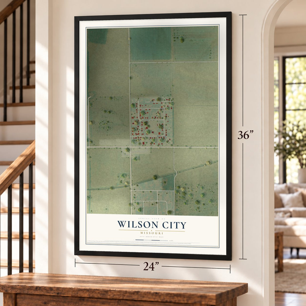 Wilson City, Missouri map, 24 x 36 inch print in a black frame by a staircase