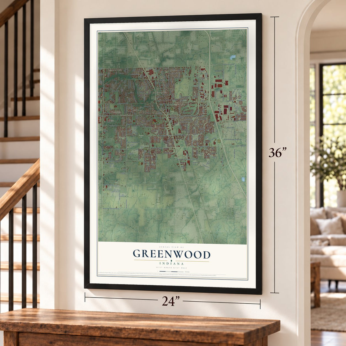 Greenwood, Indiana map, 24 x 36 inch print in a black frame by a staircase