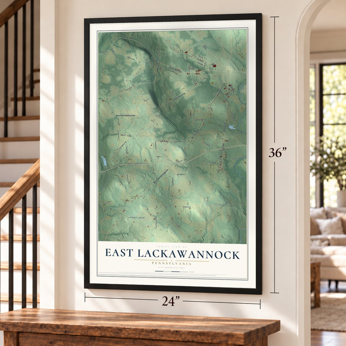 East Lackawannock, Pennsylvania map, 24 x 36 inch print in a black frame by a staircase
