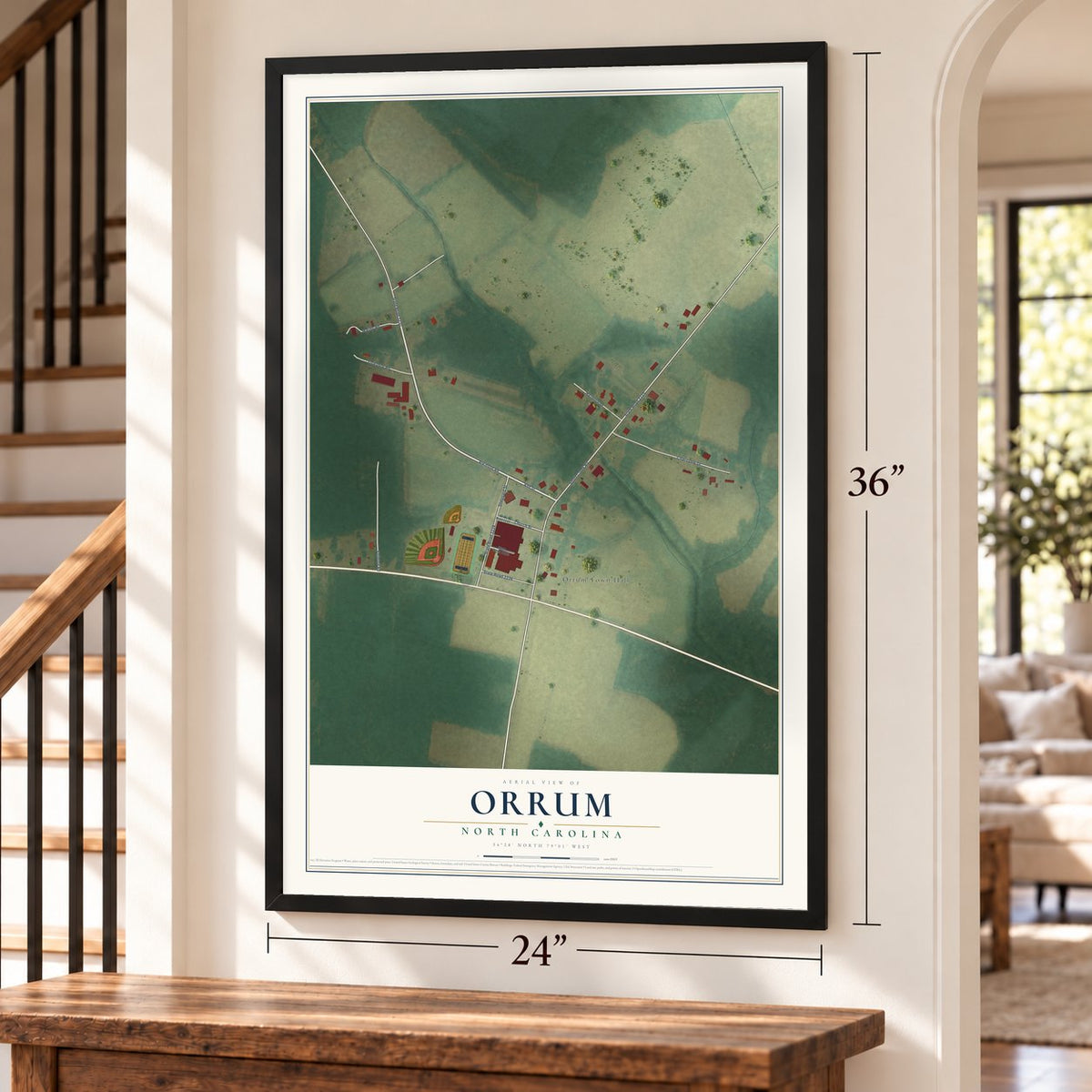 Orrum, North Carolina map, 24 x 36 inch print in a black frame by a staircase