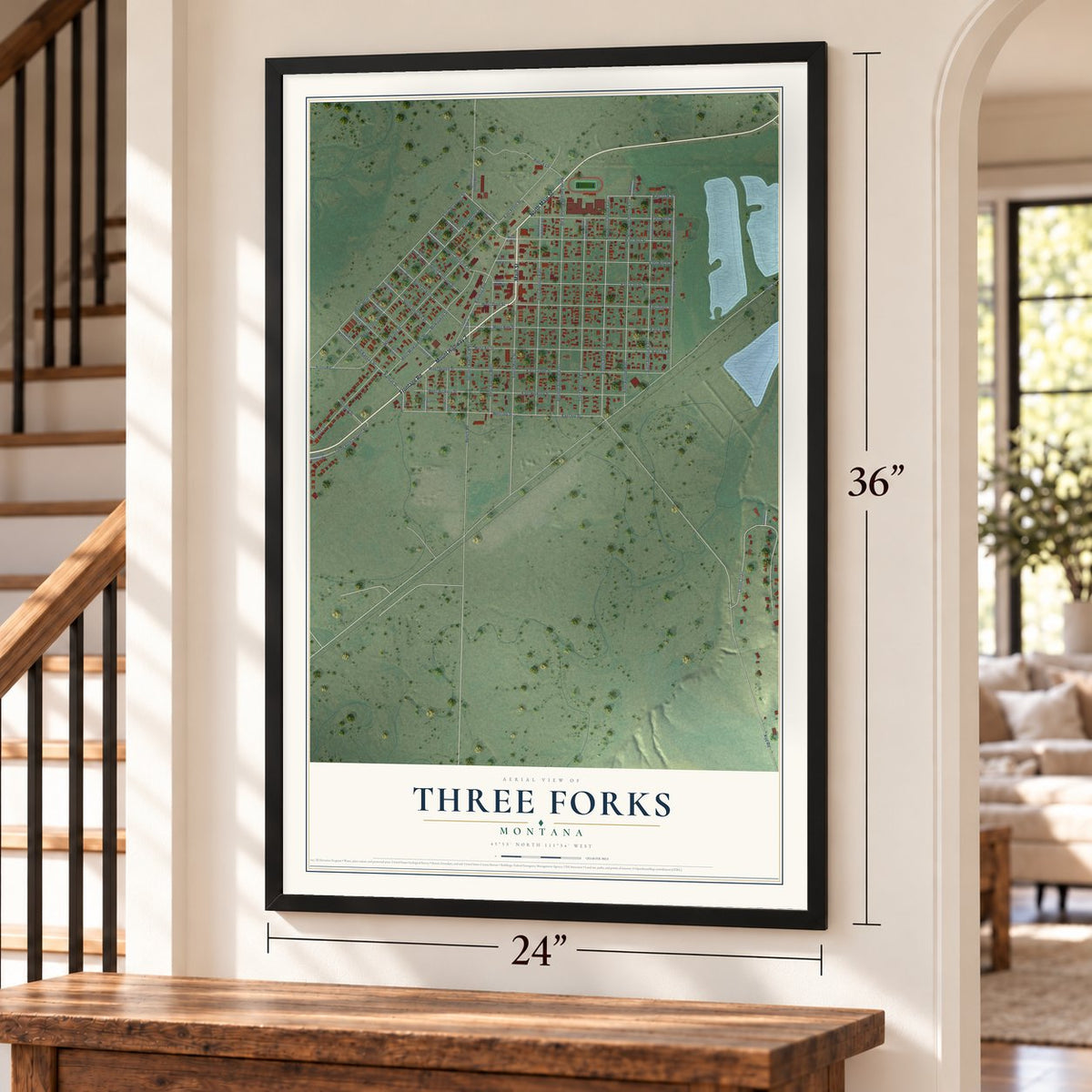 Three Forks, Montana map, 24 x 36 inch print in a black frame by a staircase