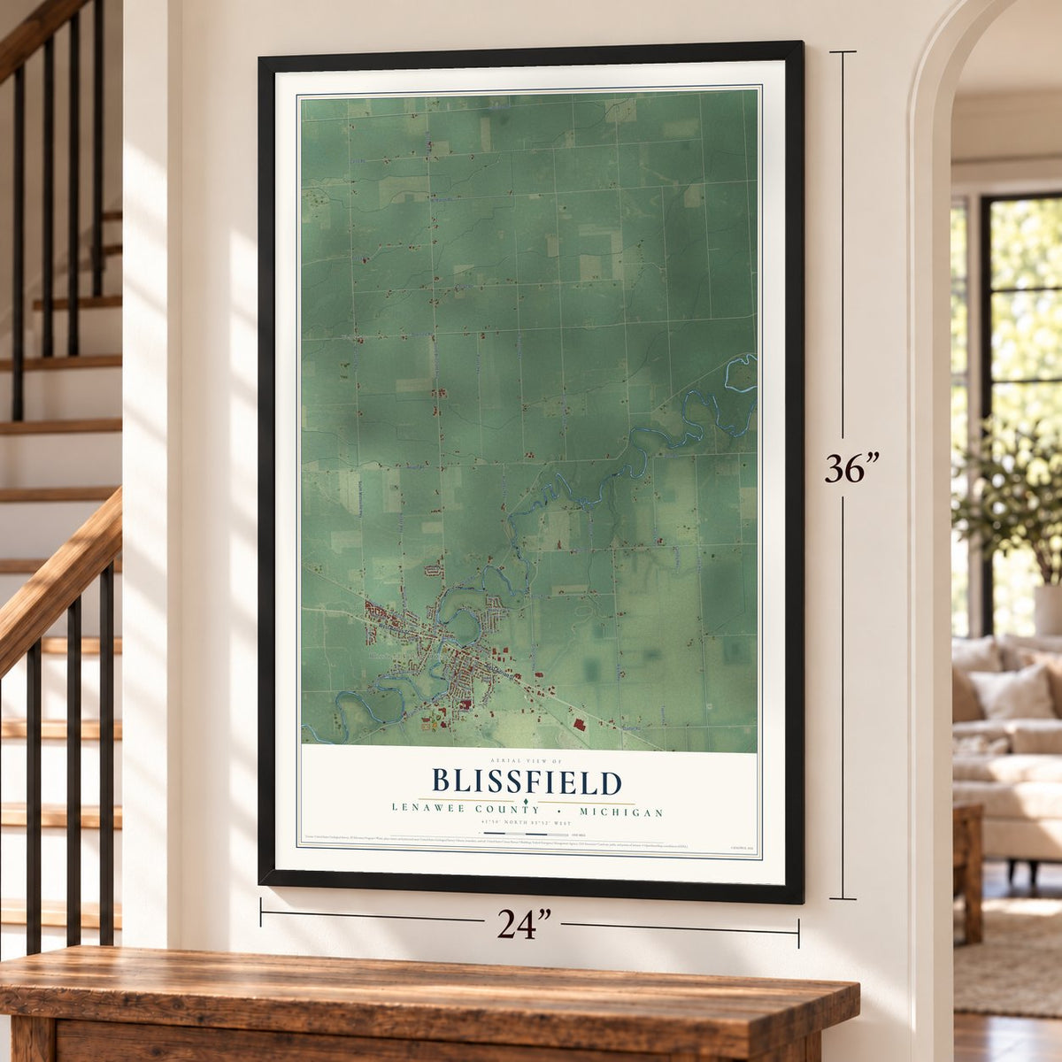 Blissfield, Lenawee County, Michigan map, 24 x 36 inch print in a black frame by a staircase
