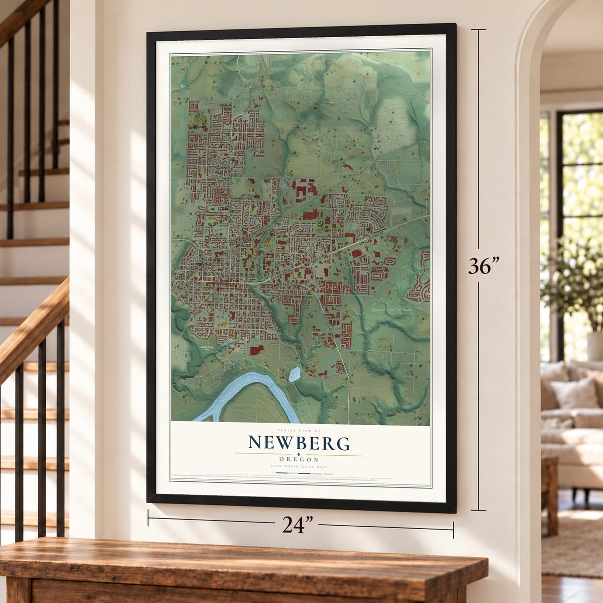Newberg, Oregon map, 24 x 36 inch print in a black frame by a staircase