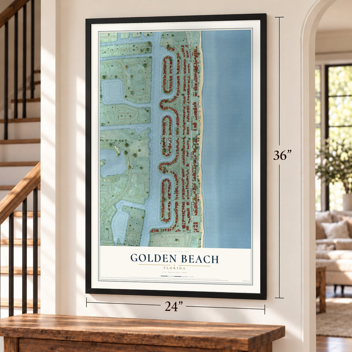 Golden Beach, Florida map, 24 x 36 inch print in a black frame by a staircase