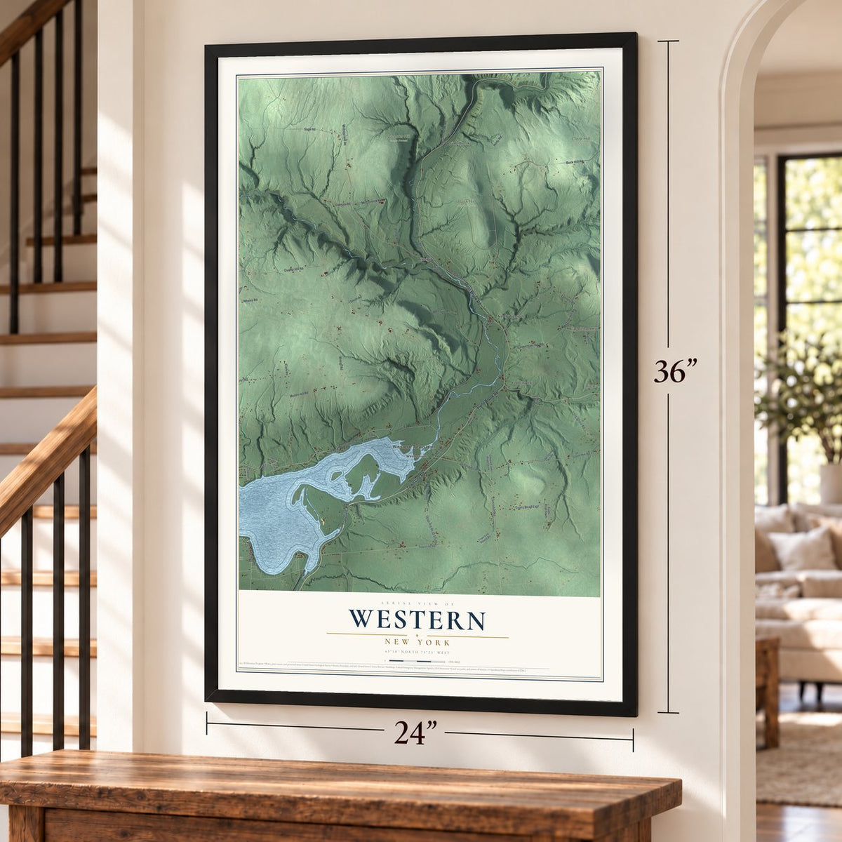 Western, New York map, 24 x 36 inch print in a black frame by a staircase