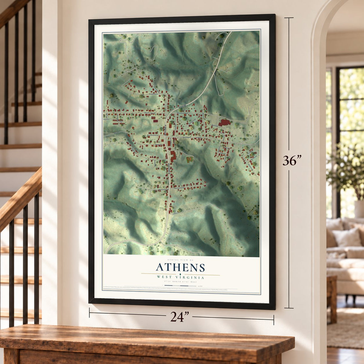 Athens, West Virginia map, 24 x 36 inch print in a black frame by a staircase