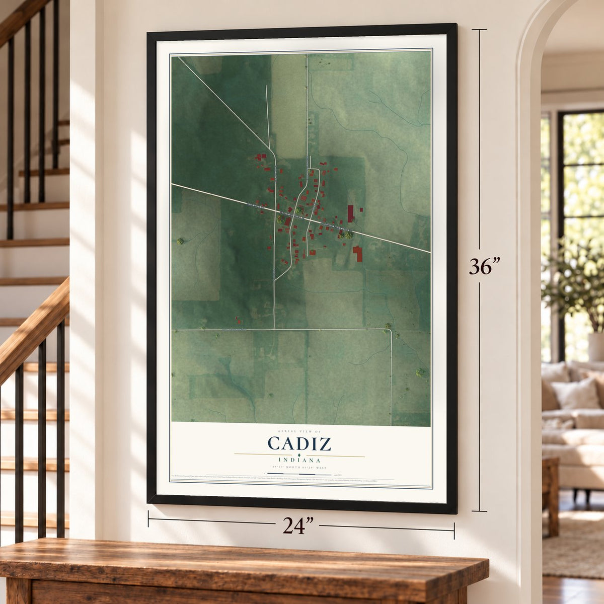 Cadiz, Indiana map, 24 x 36 inch print in a black frame by a staircase