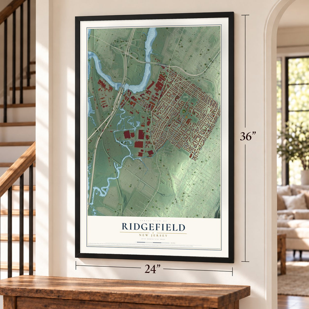 Ridgefield, New Jersey map, 24 x 36 inch print in a black frame by a staircase