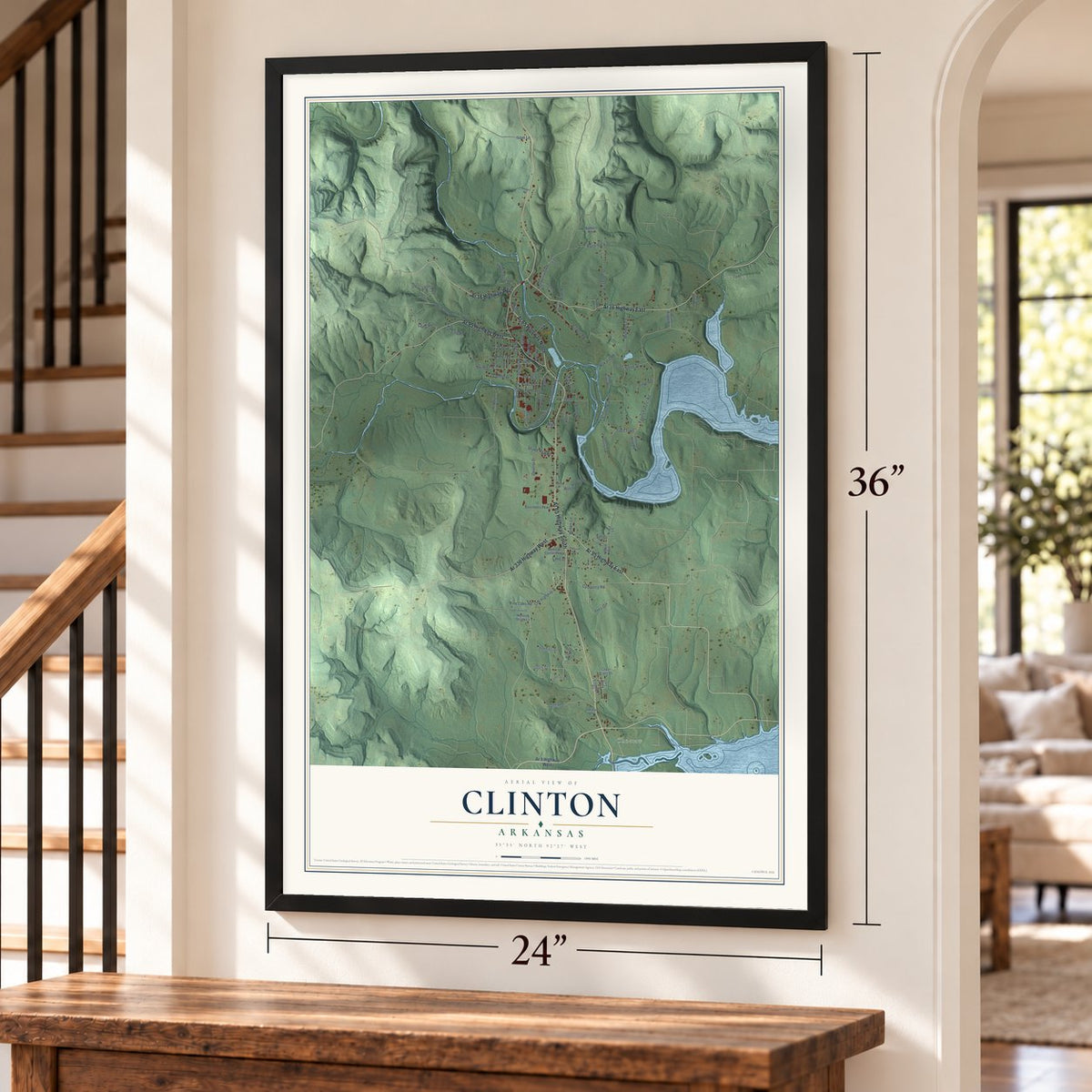 Clinton, Arkansas map, 24 x 36 inch print in a black frame by a staircase