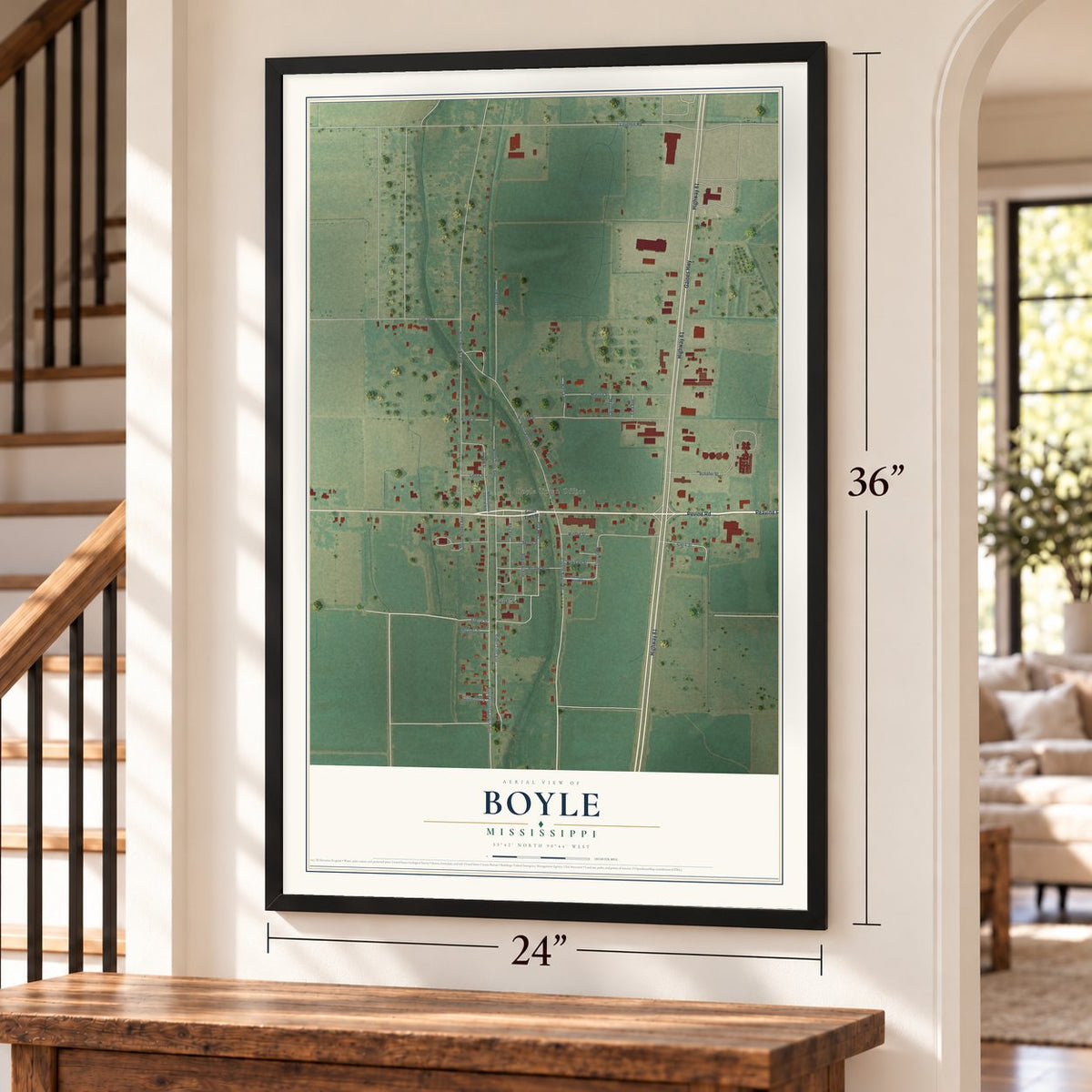 Boyle, Mississippi map, 24 x 36 inch print in a black frame by a staircase