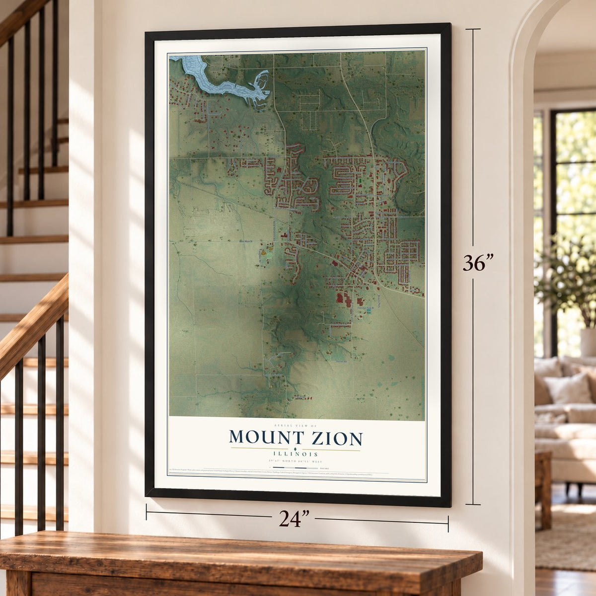 Mount Zion, Illinois map, 24 x 36 inch print in a black frame by a staircase