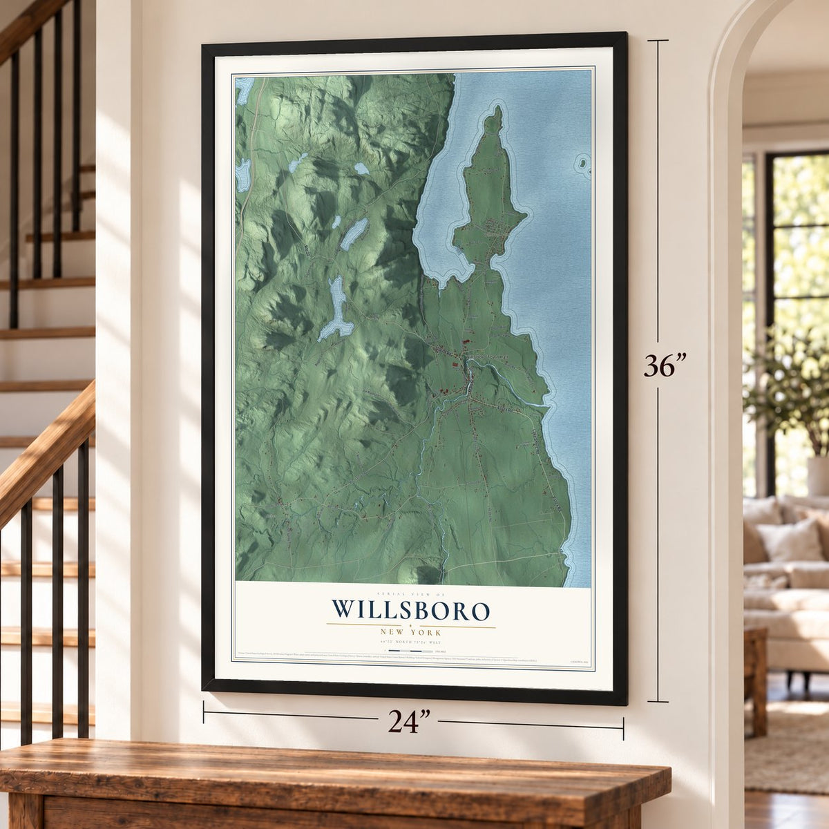 Willsboro, New York map, 24 x 36 inch print in a black frame by a staircase