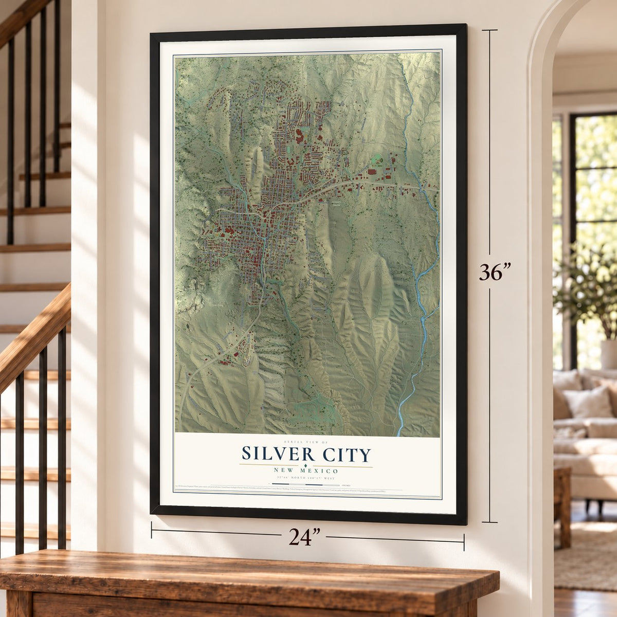 Silver City, New Mexico map, 24 x 36 inch print in a black frame by a staircase