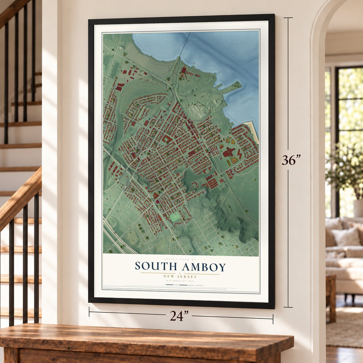 South Amboy, New Jersey map, 24 x 36 inch print in a black frame by a staircase
