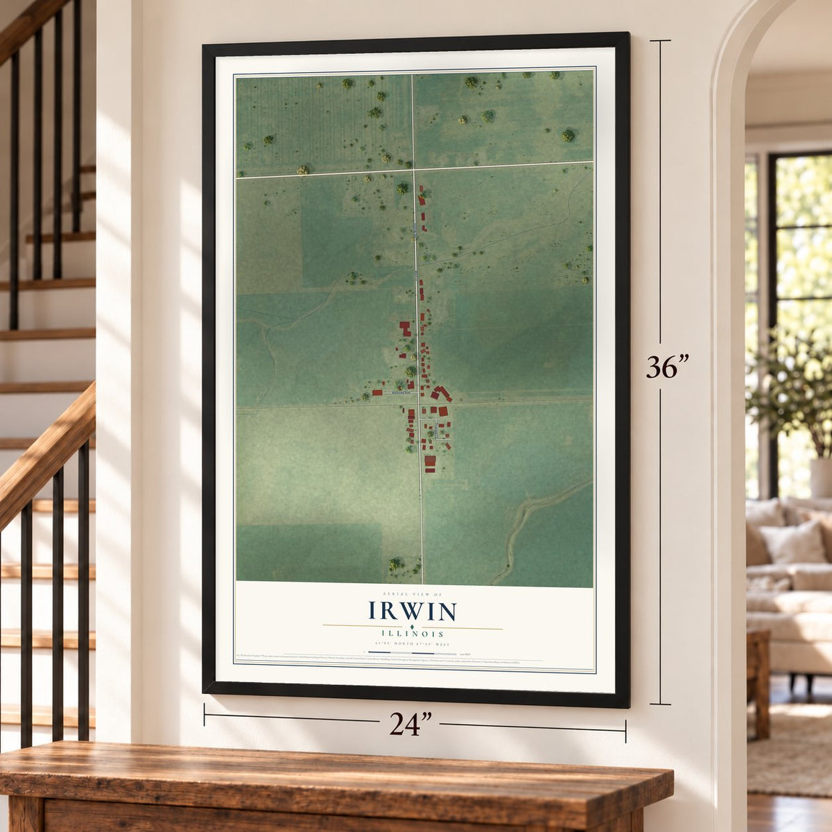 Irwin, Illinois map, 24 x 36 inch print in a black frame by a staircase