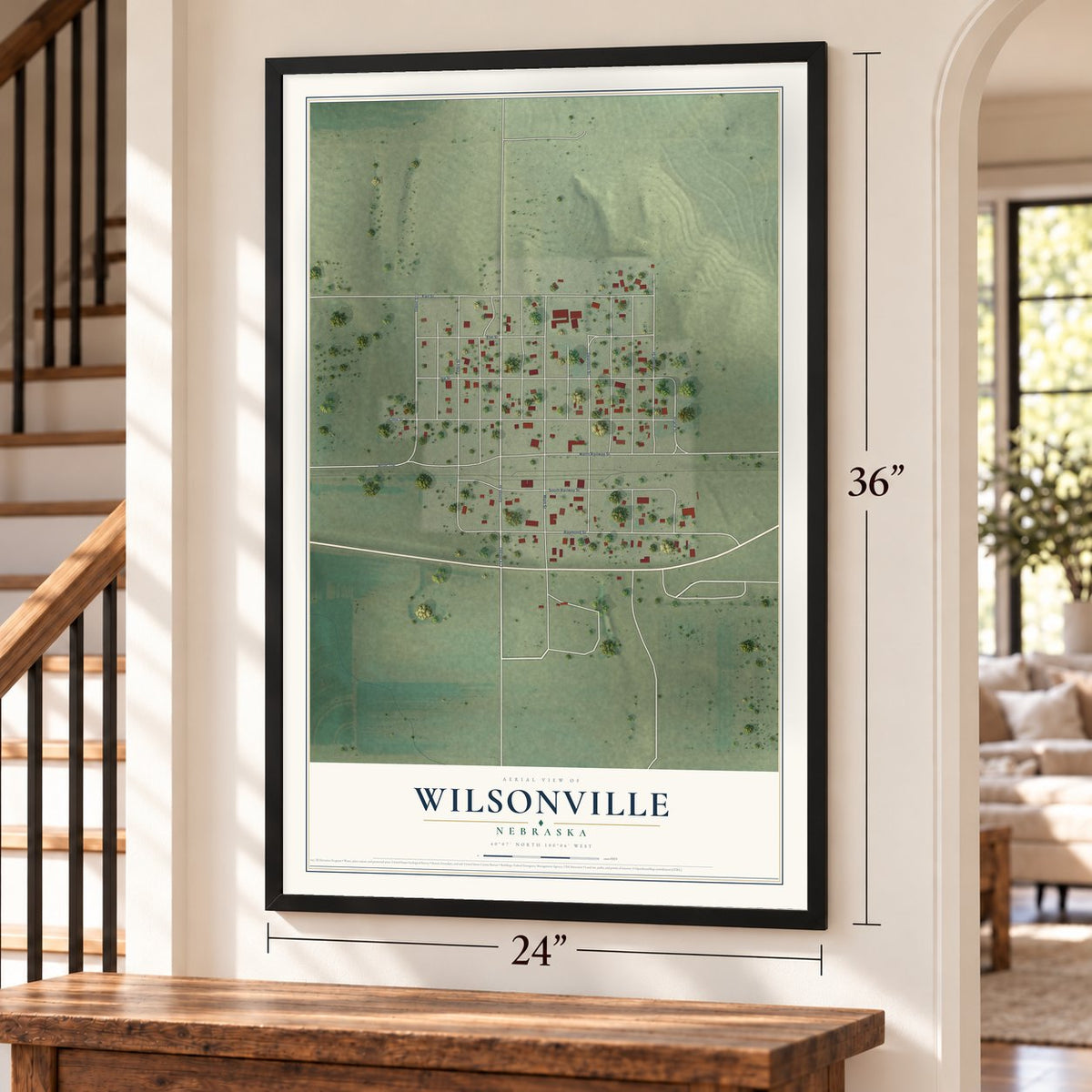 Wilsonville, Nebraska map, 24 x 36 inch print in a black frame by a staircase