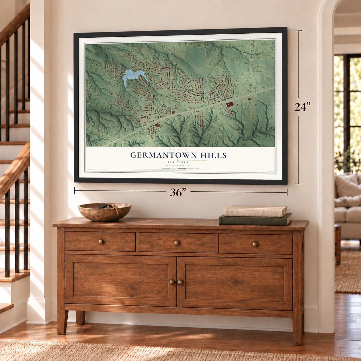 Germantown Hills, Illinois map, 24 x 36 inch print in a black frame above a dresser by a staircase