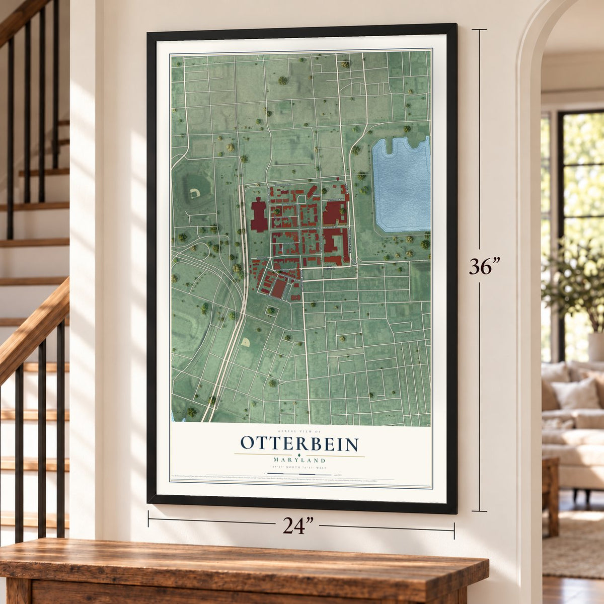 Otterbein, Maryland map, 24 x 36 inch print in a black frame by a staircase