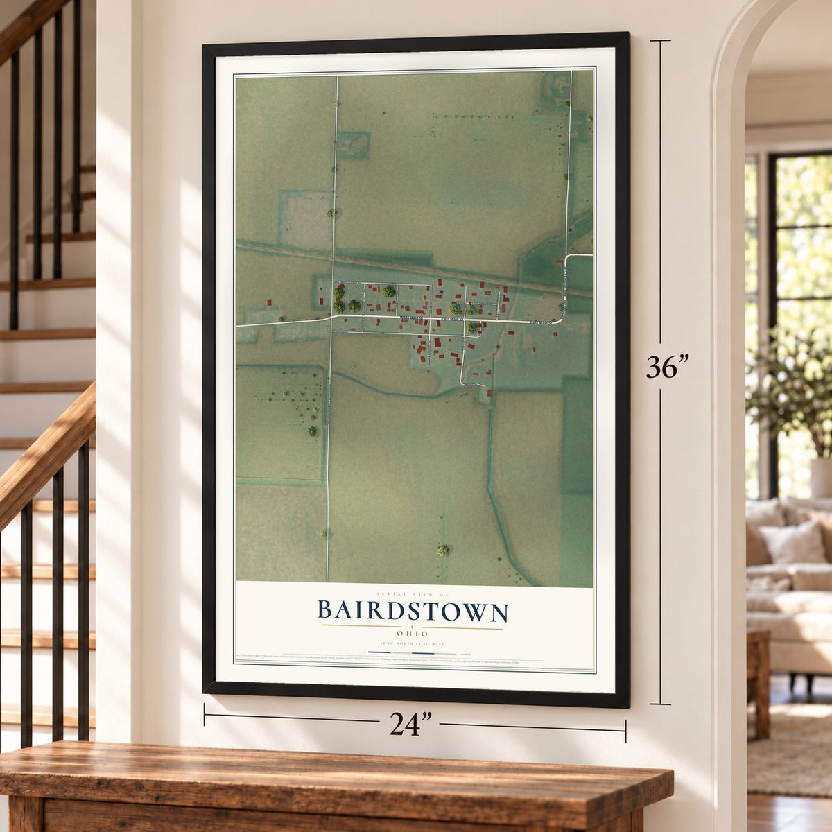 Bairdstown, Ohio map, 24 x 36 inch print in a black frame by a staircase
