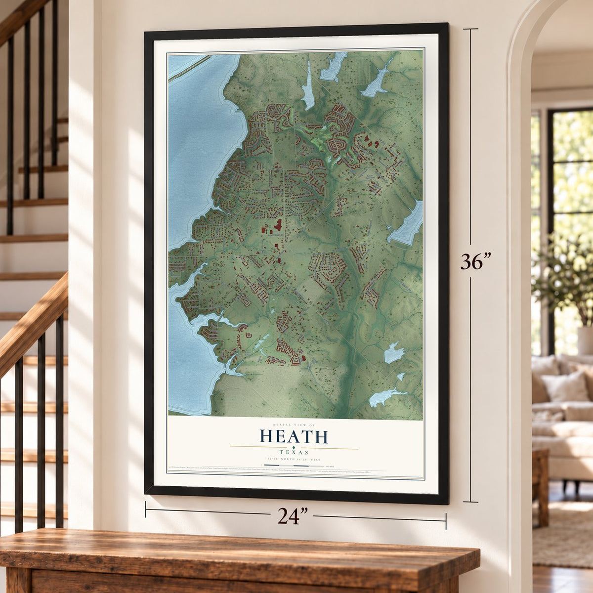 Heath, Texas map, 24 x 36 inch print in a black frame by a staircase