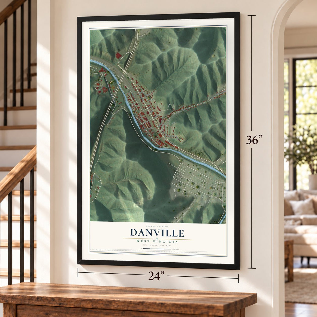 Danville, West Virginia map, 24 x 36 inch print in a black frame by a staircase