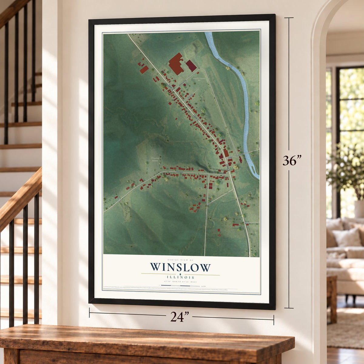 Winslow, Illinois map, 24 x 36 inch print in a black frame by a staircase