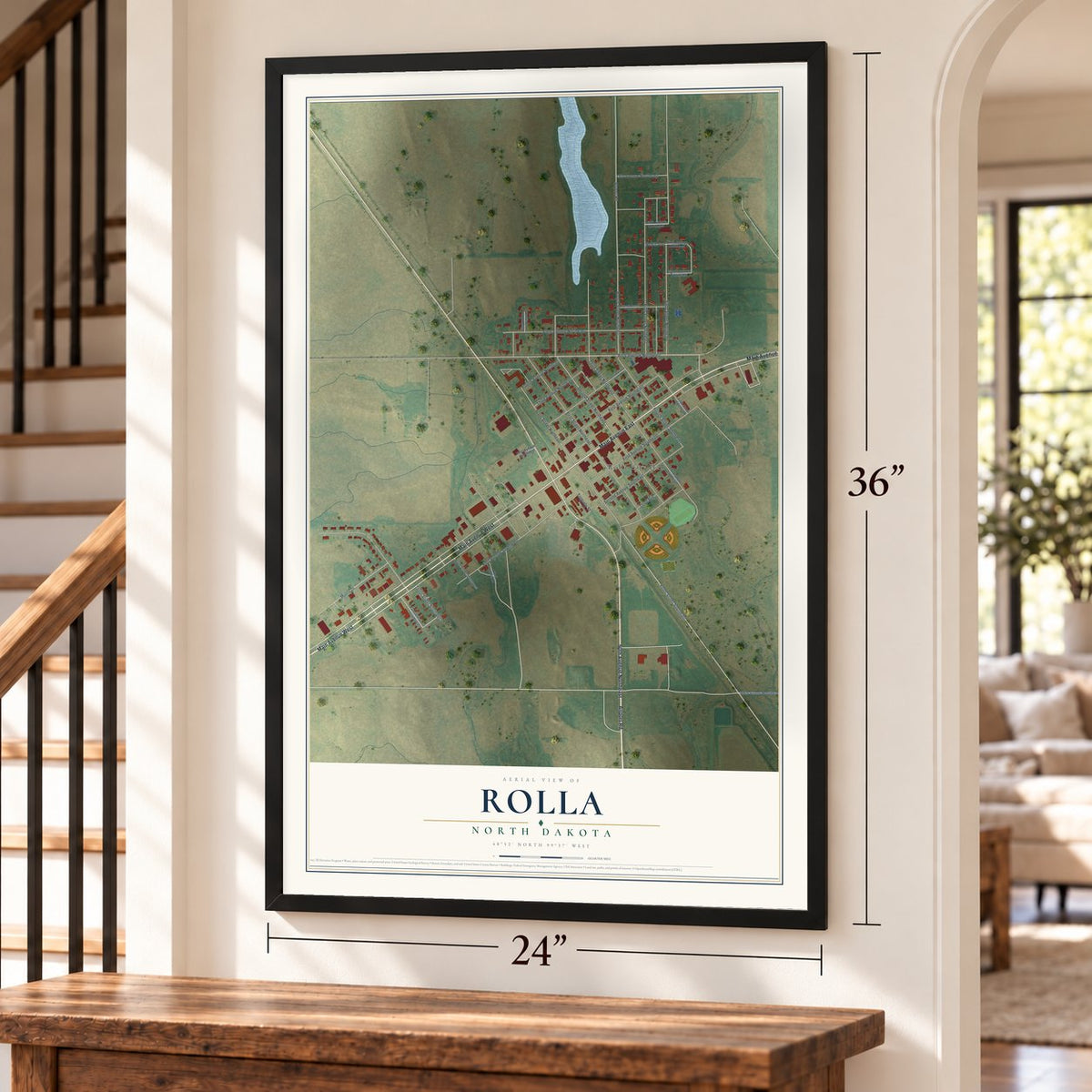 Rolla, North Dakota map, 24 x 36 inch print in a black frame by a staircase