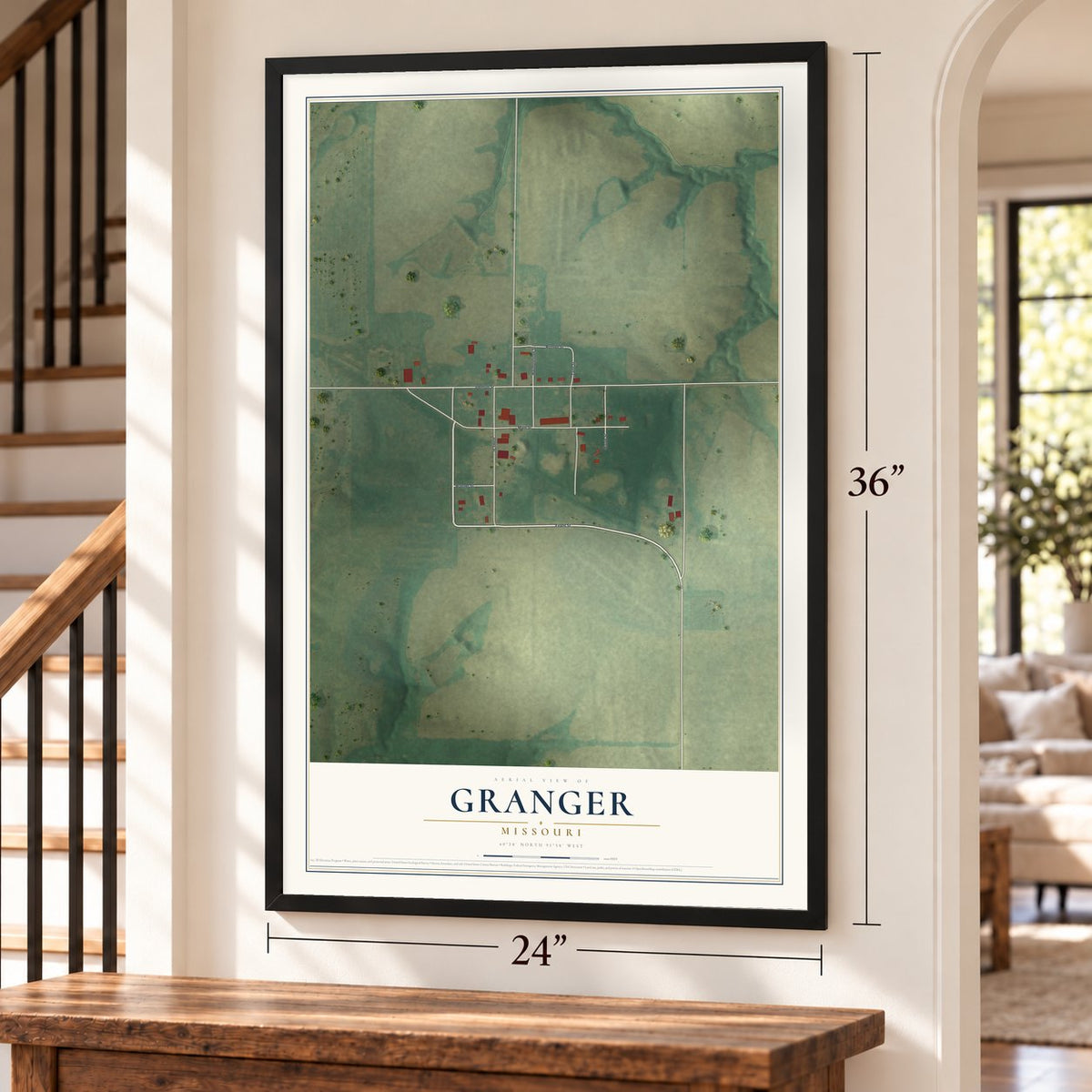 Granger, Missouri map, 24 x 36 inch print in a black frame by a staircase
