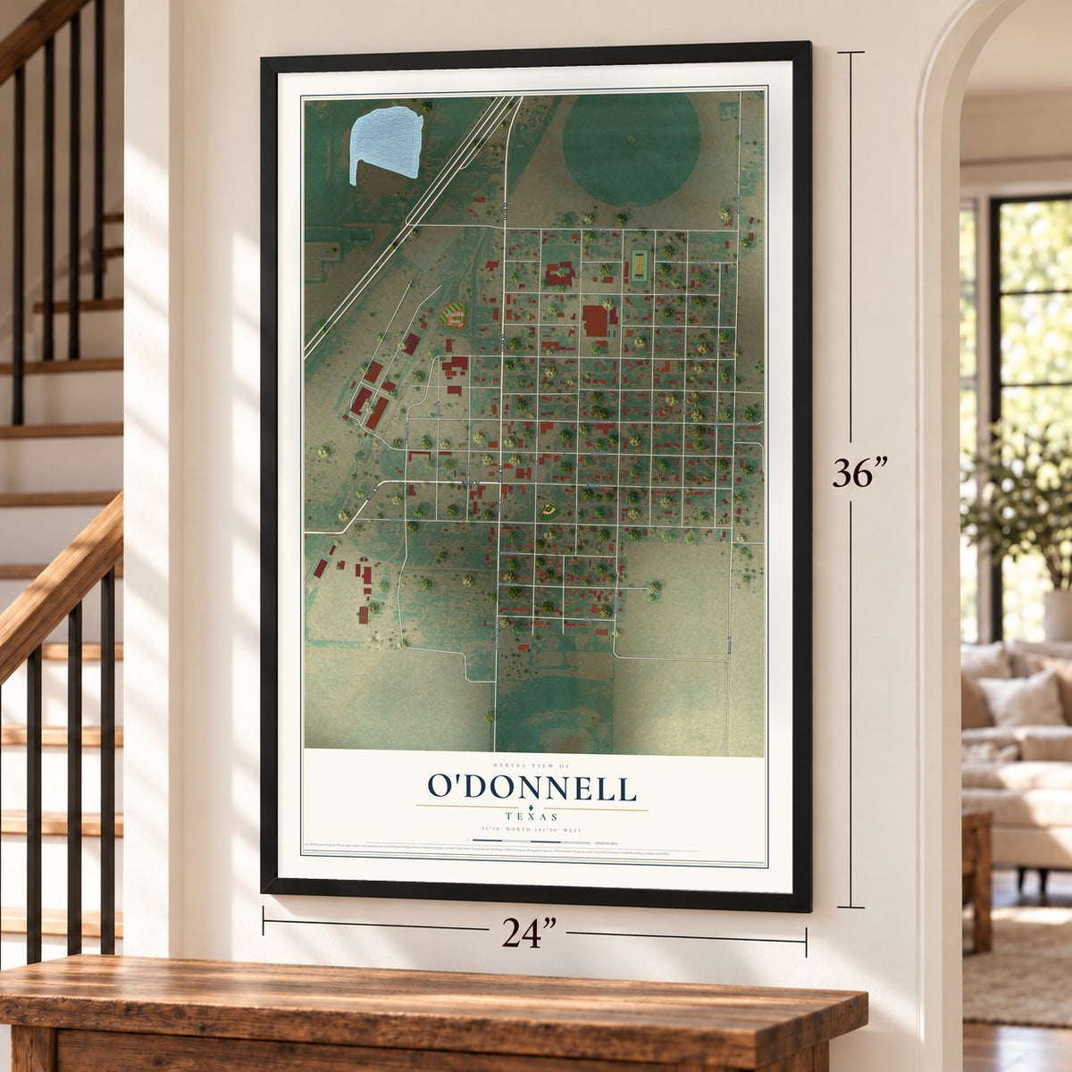 O'Donnell, Texas map, 24 x 36 inch print in a black frame by a staircase