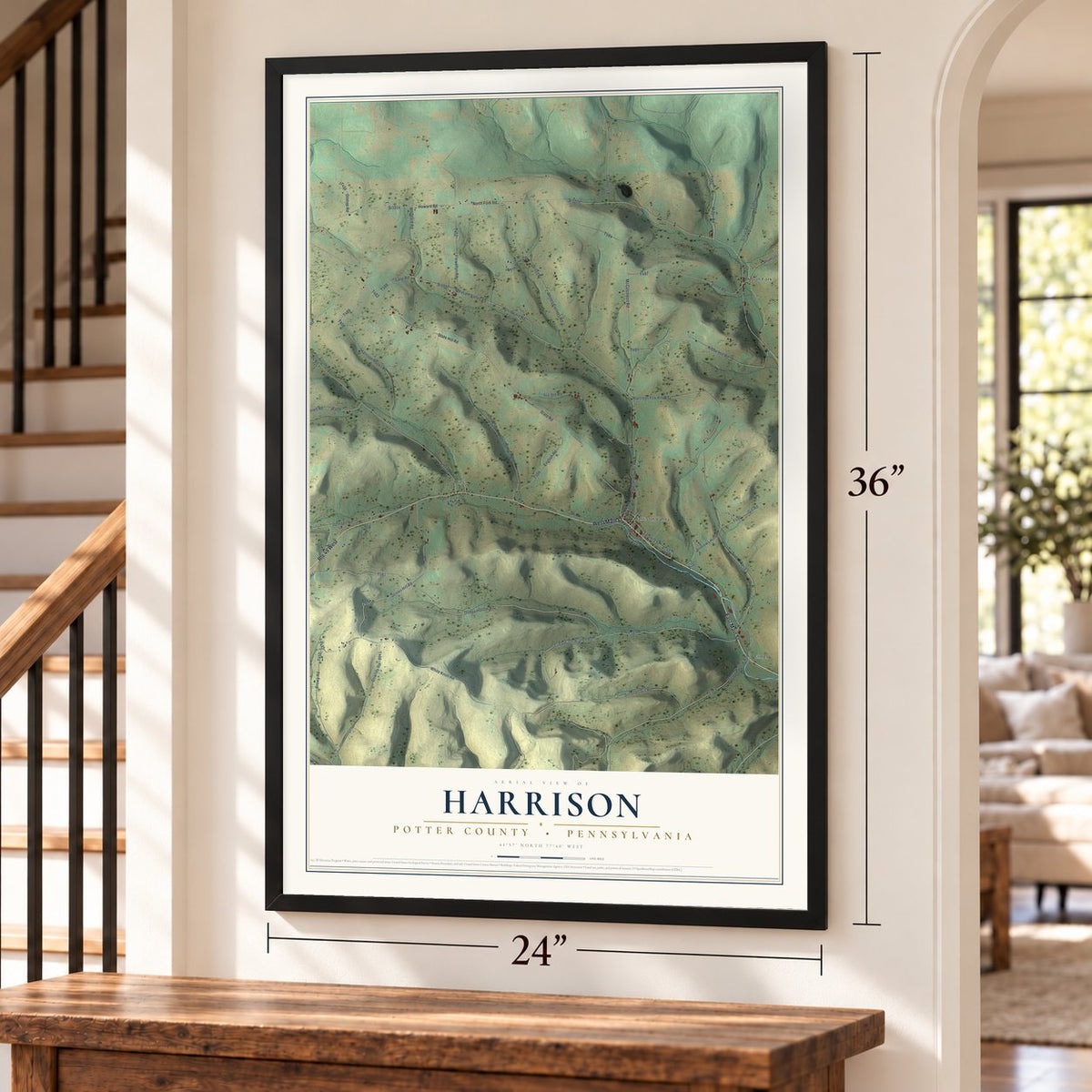 Harrison, Potter County, Pennsylvania map, 24 x 36 inch print in a black frame by a staircase