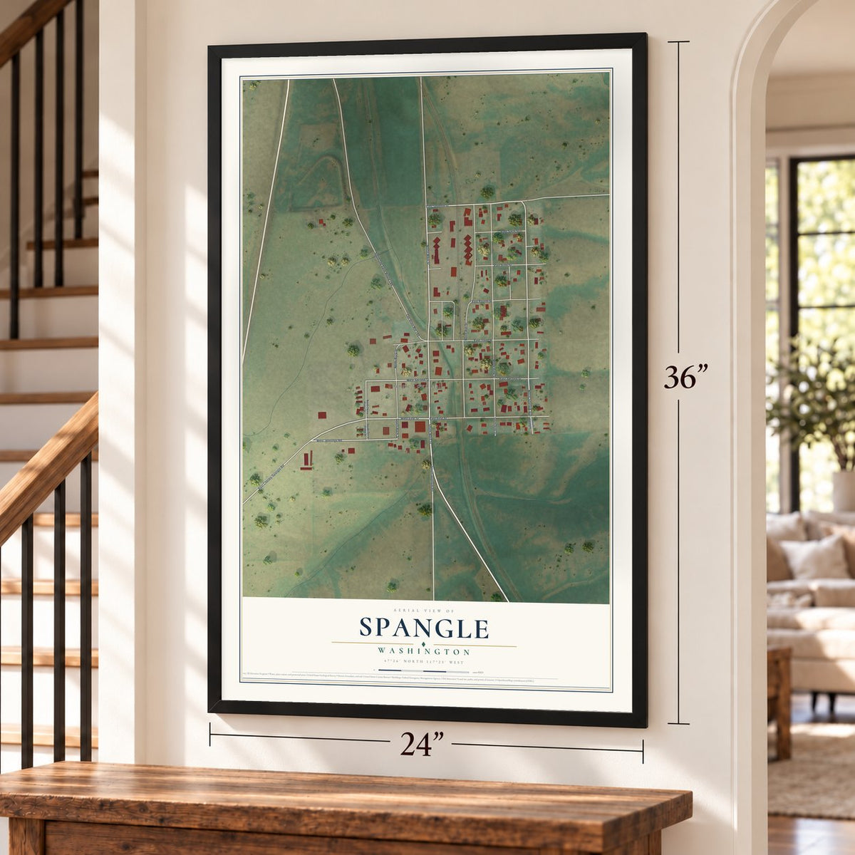 Spangle, Washington map, 24 x 36 inch print in a black frame by a staircase