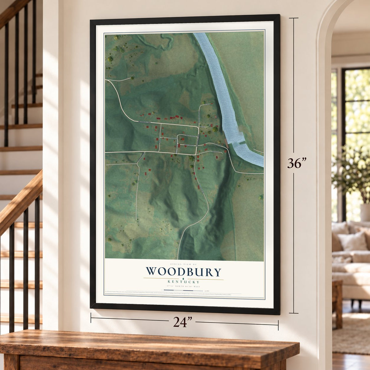 Woodbury, Kentucky map, 24 x 36 inch print in a black frame by a staircase