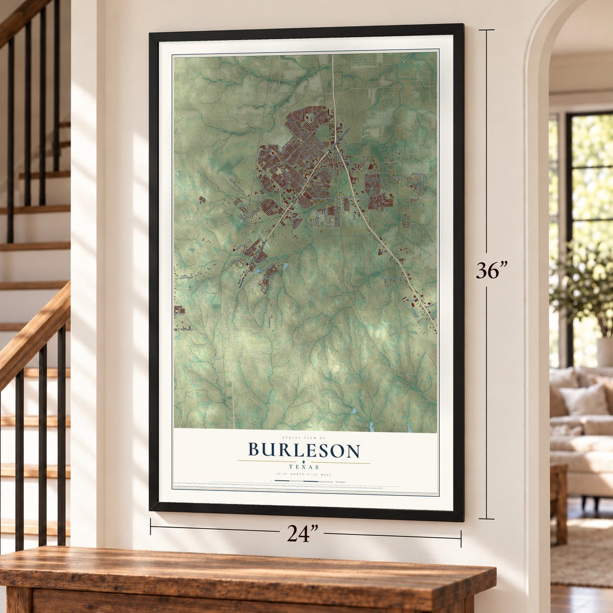 Burleson, Texas map, 24 x 36 inch print in a black frame by a staircase