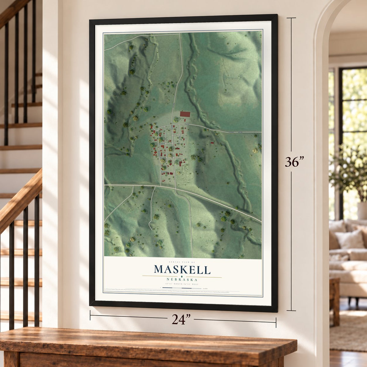 Maskell, Nebraska map, 24 x 36 inch print in a black frame by a staircase