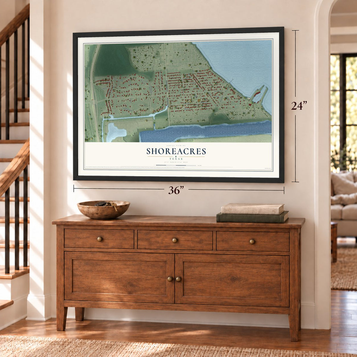 Shoreacres, Texas map, 24 x 36 inch print in a black frame above a dresser by a staircase