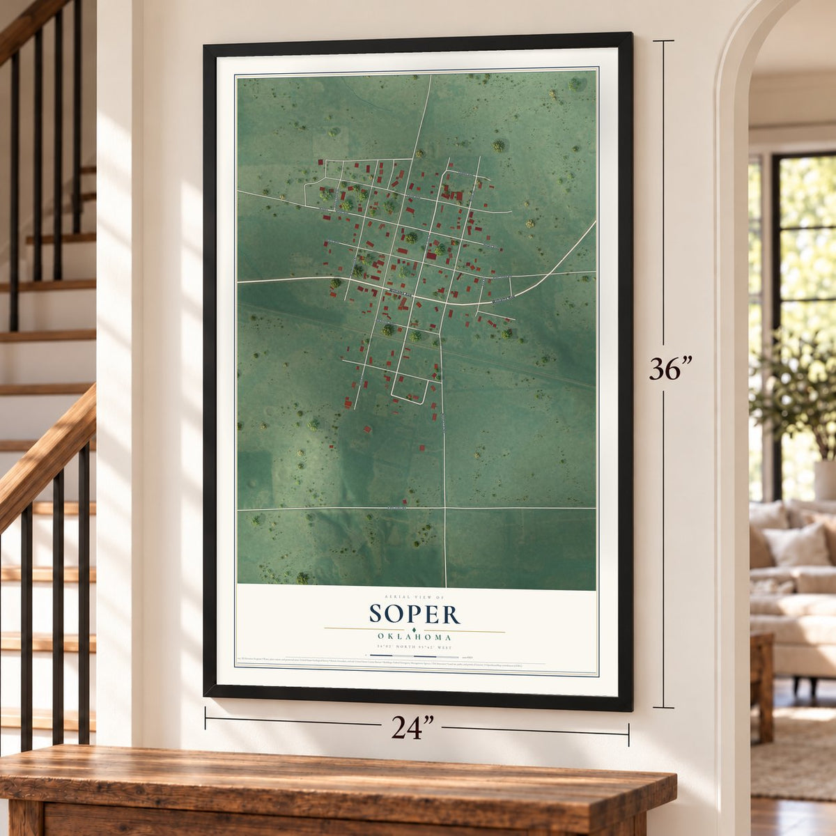 Soper, Oklahoma map, 24 x 36 inch print in a black frame by a staircase