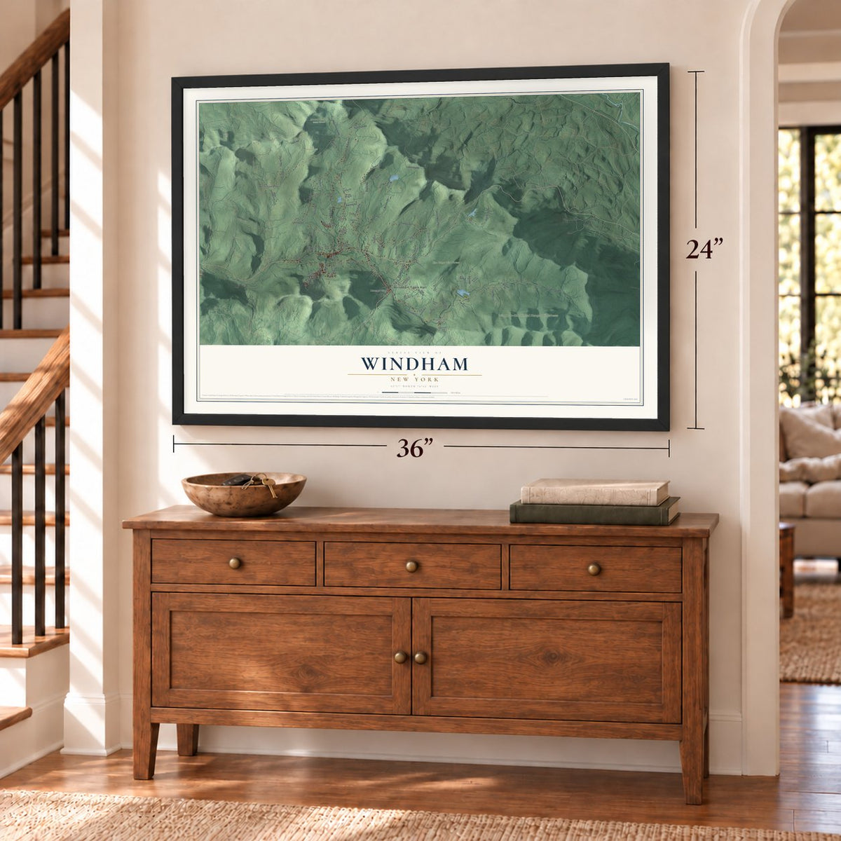 Windham, New York map, 24 x 36 inch print in a black frame above a dresser by a staircase