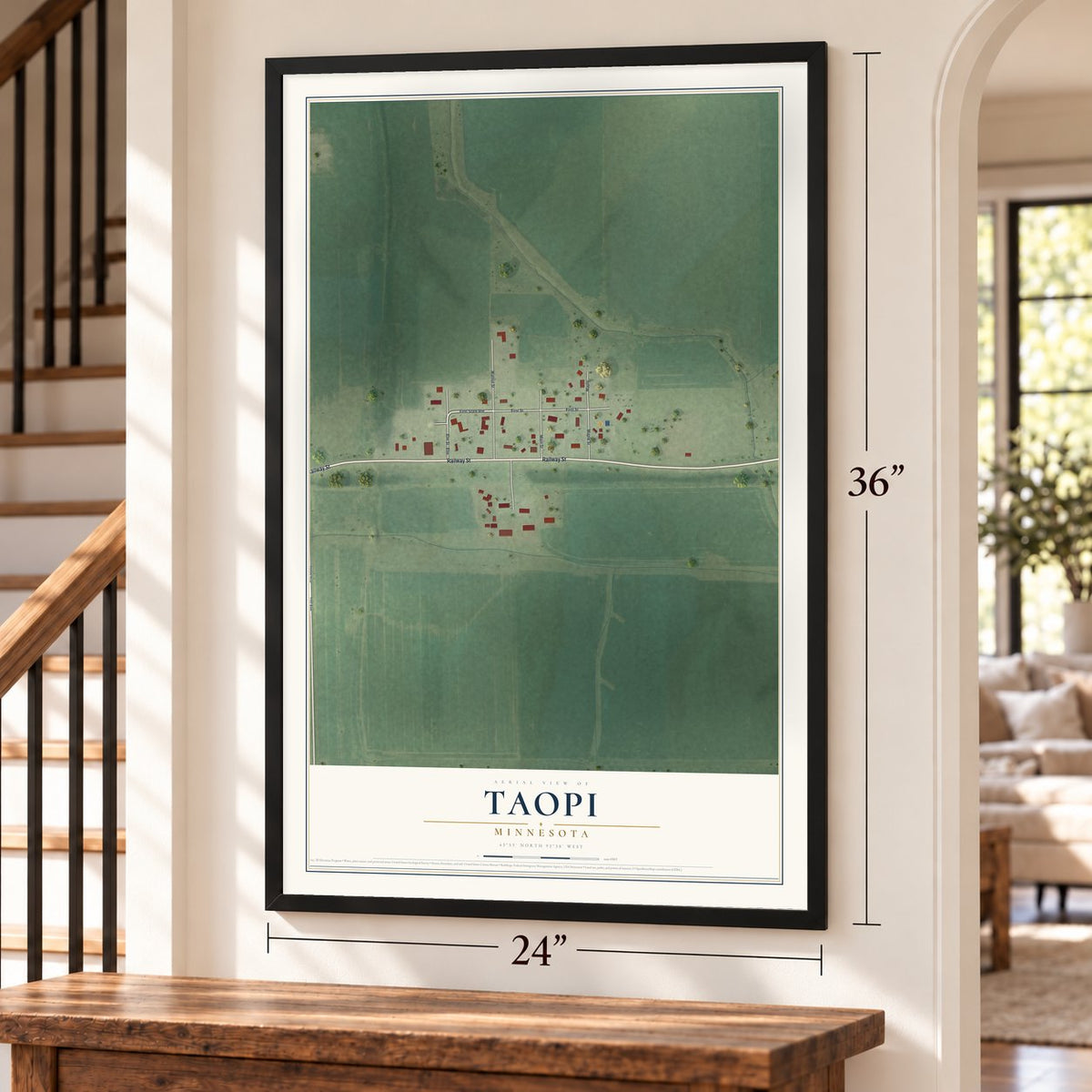Taopi, Minnesota map, 24 x 36 inch print in a black frame by a staircase