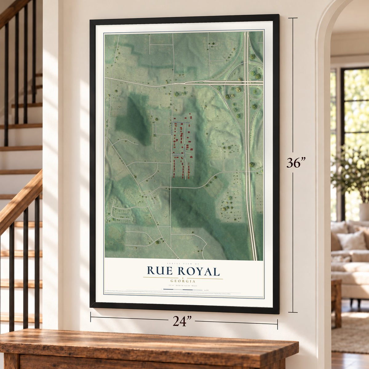 Rue Royal, Georgia map, 24 x 36 inch print in a black frame by a staircase