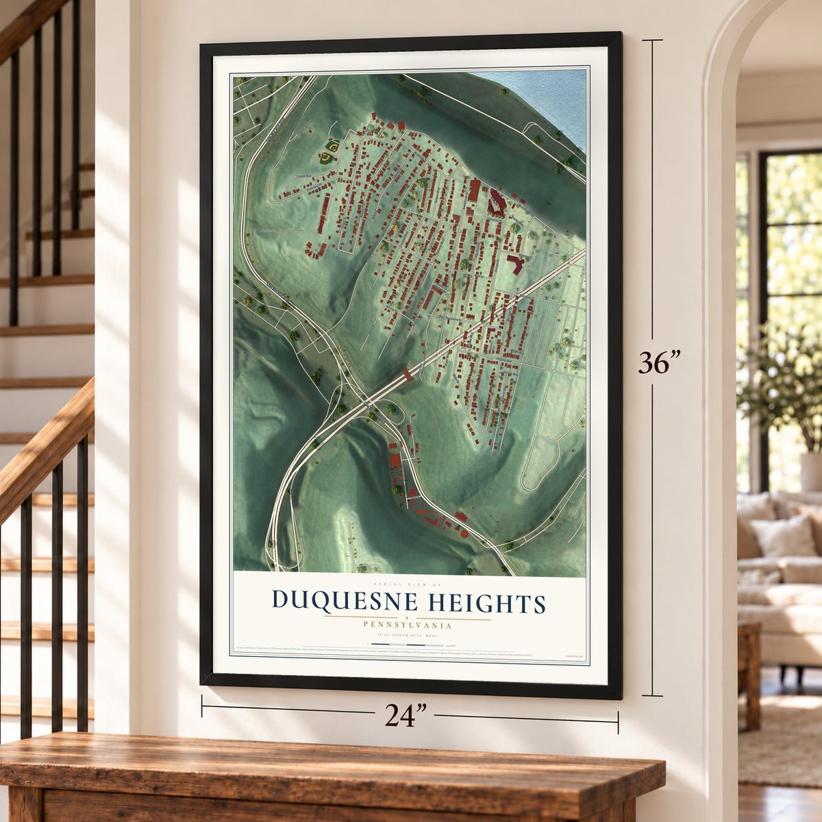 Duquesne Heights, Pennsylvania map, 24 x 36 inch print in a black frame by a staircase