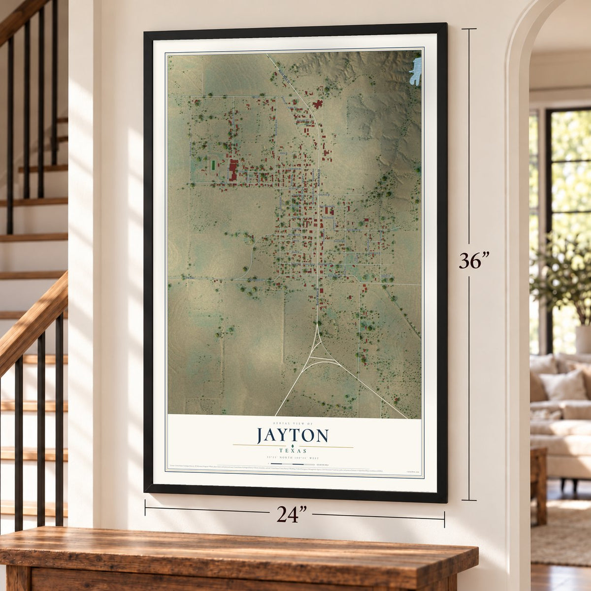 Jayton, Texas map, 24 x 36 inch print in a black frame by a staircase