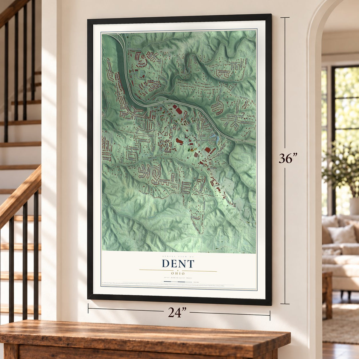 Dent, Ohio map, 24 x 36 inch print in a black frame by a staircase