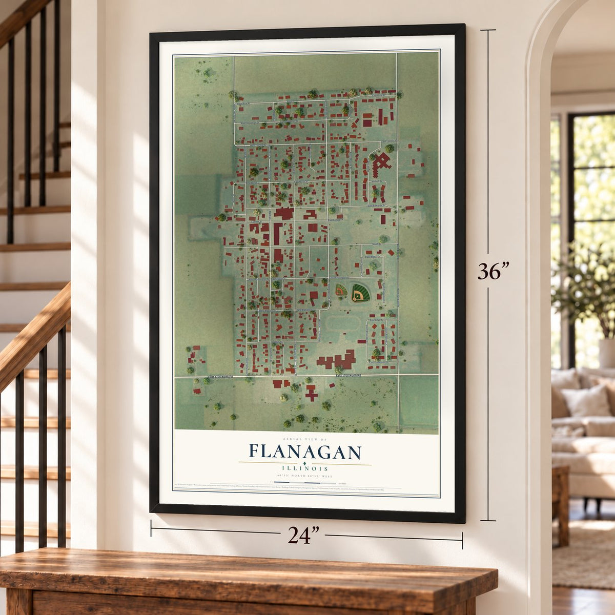 Flanagan, Illinois map, 24 x 36 inch print in a black frame by a staircase