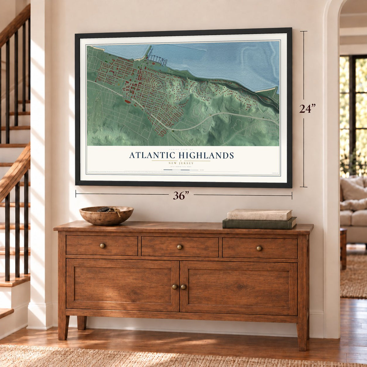 Atlantic Highlands, New Jersey map, 24 x 36 inch print in a black frame above a dresser by a staircase