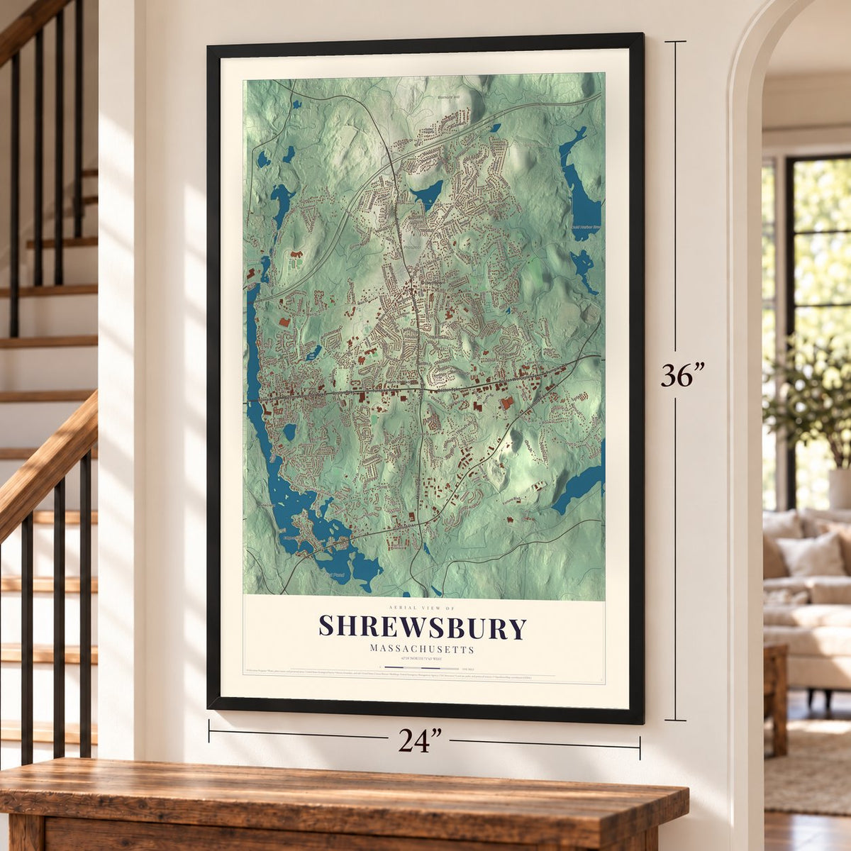 Shrewsbury, Massachusetts map, 24 x 36 inch print in a black frame by a staircase